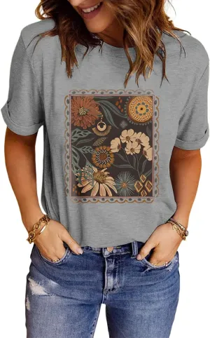 MZEAZRK Womens Summer Graphic Tee Shirts Cottage-Core Cute Boho Short Sleeve Tshirt Teen Girls