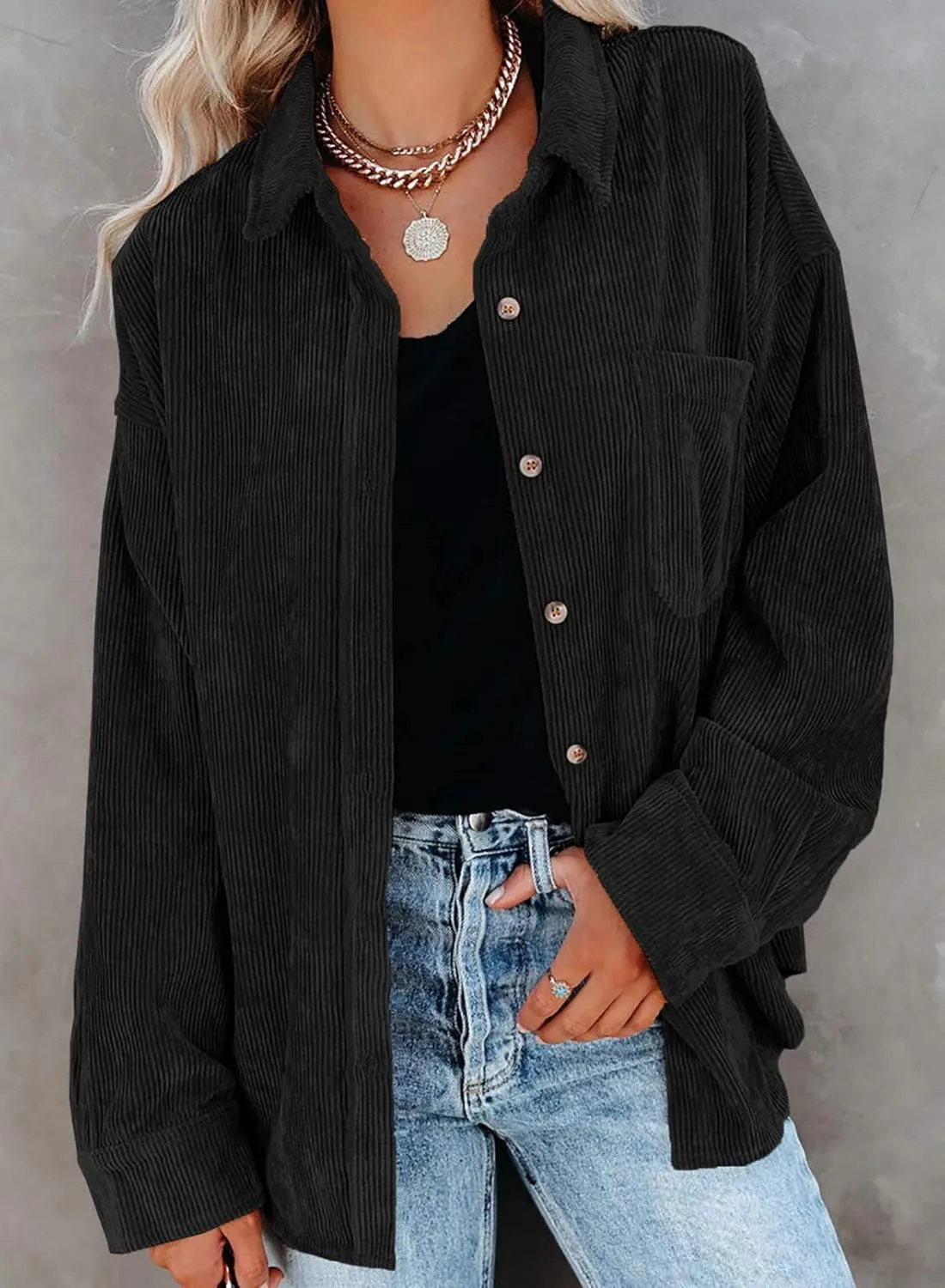 Necooer Womens Corduroy Shirts Button Down Long Sleeve Blouses Boyfriend Tops Oversized Jacket