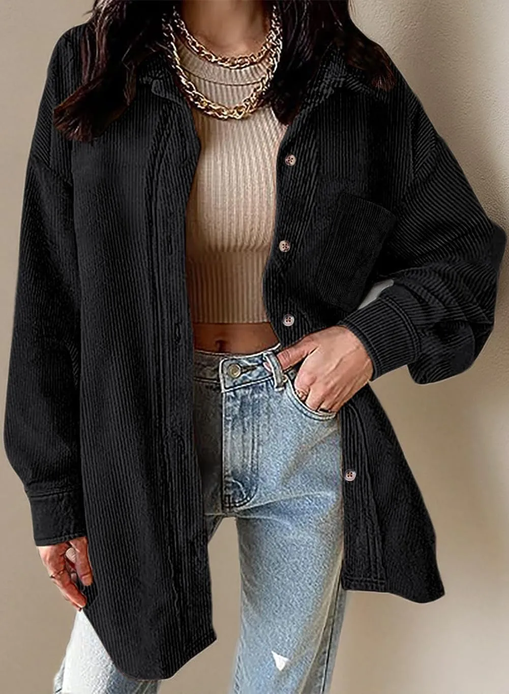 Necooer Womens Corduroy Shirts Button Down Long Sleeve Blouses Boyfriend Tops Oversized Jacket