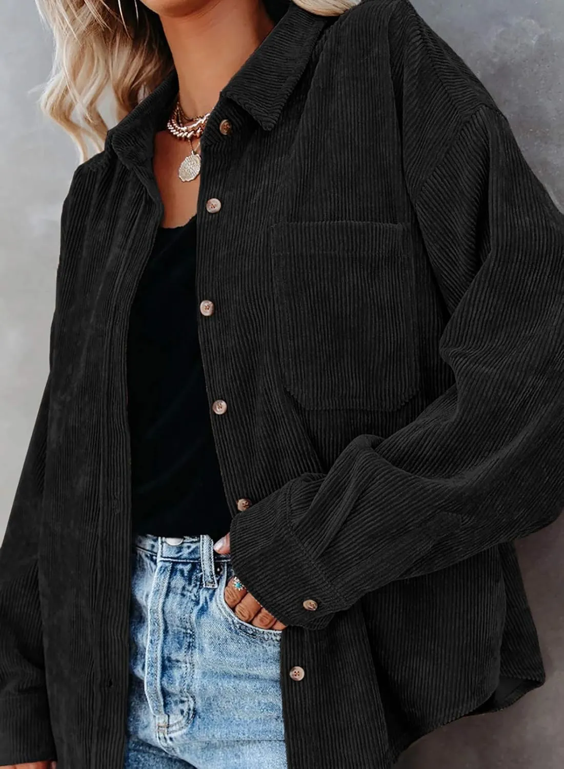 Necooer Womens Corduroy Shirts Button Down Long Sleeve Blouses Boyfriend Tops Oversized Jacket