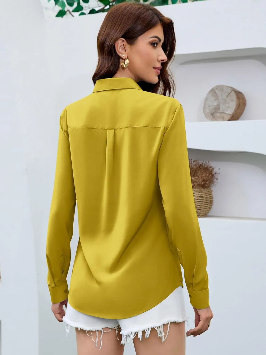 Premium Soft Breathable Satin Silk Button Down Shirts for Women Long Sleeve Blouses Work Dress Casual Tops