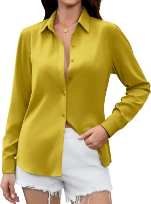 Premium Soft Breathable Satin Silk Button Down Shirts for Women Long Sleeve Blouses Work Dress Casual Tops