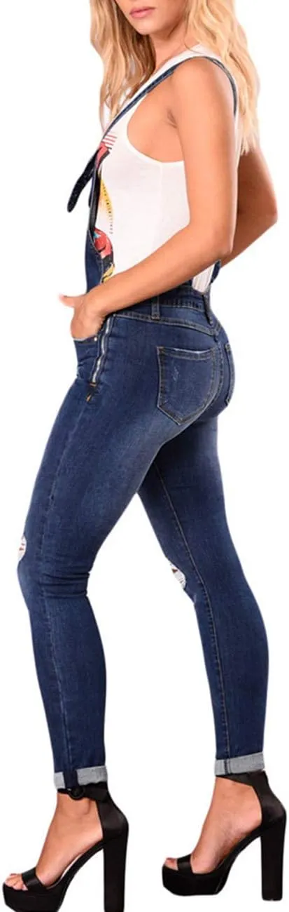 RINTONIX Women's Adjustable Retro Distressed Jeans Bib Overalls Rompers Skinny Ripped Long Pants Denim Jumpsuits Overalls