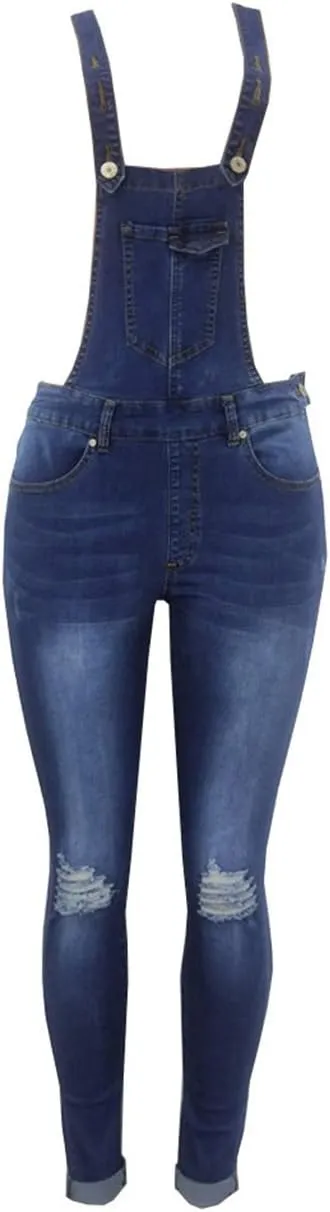 RINTONIX Women's Adjustable Retro Distressed Jeans Bib Overalls Rompers Skinny Ripped Long Pants Denim Jumpsuits Overalls