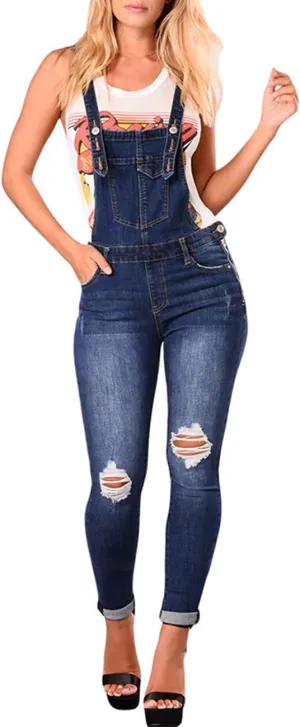 RINTONIX Women's Adjustable Retro Distressed Jeans Bib Overalls Rompers Skinny Ripped Long Pants Denim Jumpsuits Overalls