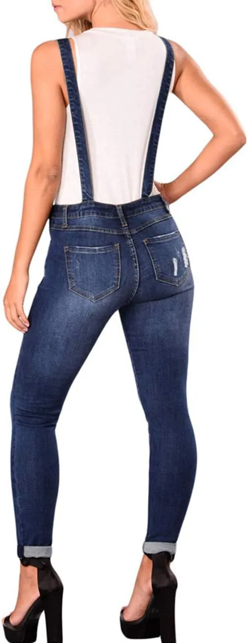 RINTONIX Women's Adjustable Retro Distressed Jeans Bib Overalls Rompers Skinny Ripped Long Pants Denim Jumpsuits Overalls