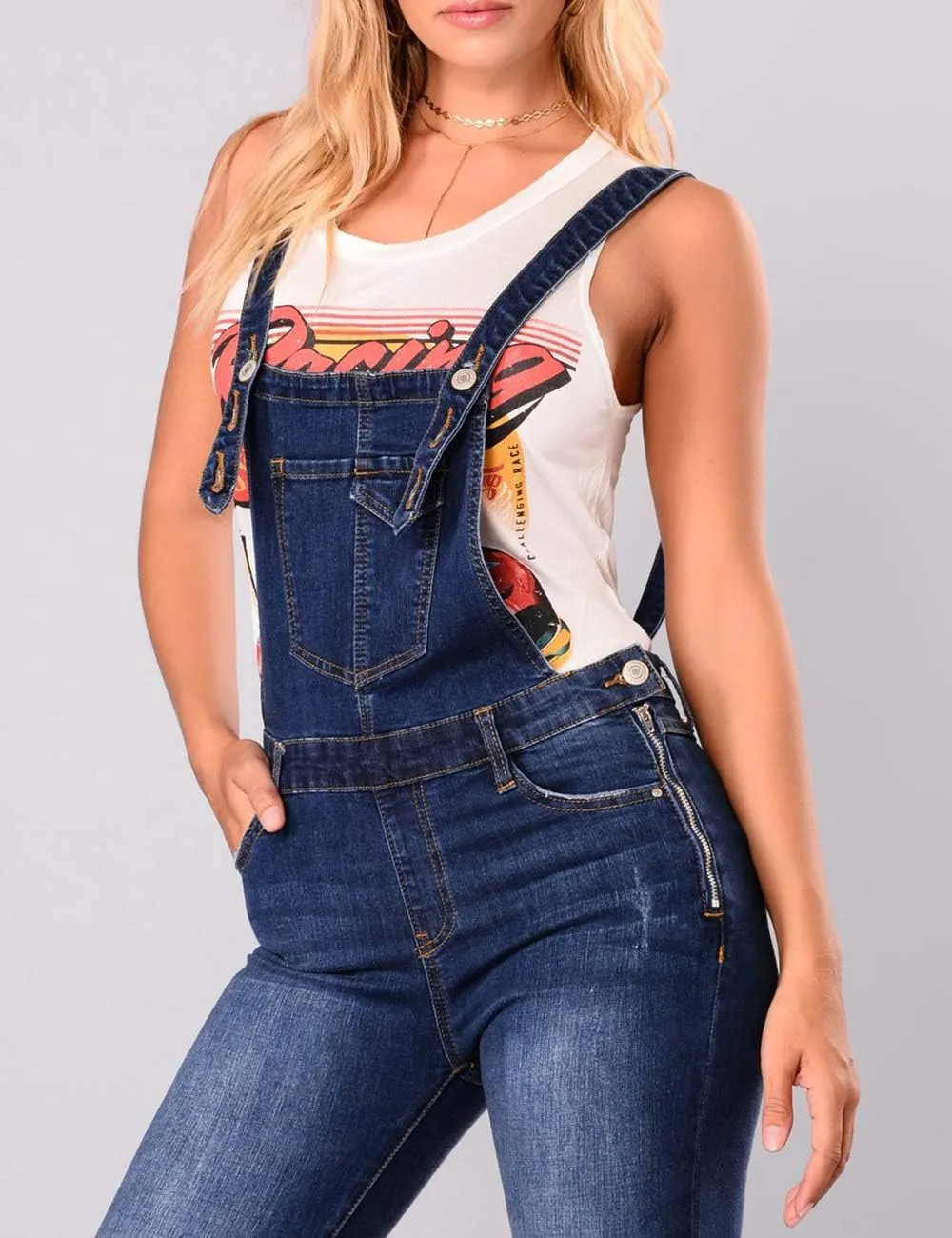 RINTONIX Women's Adjustable Retro Distressed Jeans Bib Overalls Rompers Skinny Ripped Long Pants Denim Jumpsuits Overalls