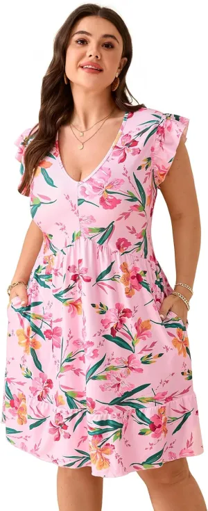 ShopWonder Womens Plus Size Casual V Neck Dress Loose Swing Ruffle Summer Boho Midi Dress with Pockets