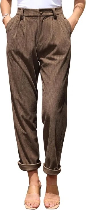 siliteelon Corduroy Pants for Women Cotton Straight High Waist Vintage Trousers with Pockets