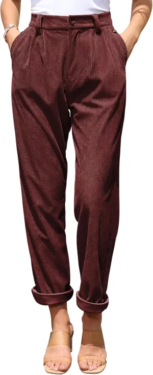 siliteelon Corduroy Pants for Women Cotton Straight High Waist Vintage Trousers with Pockets