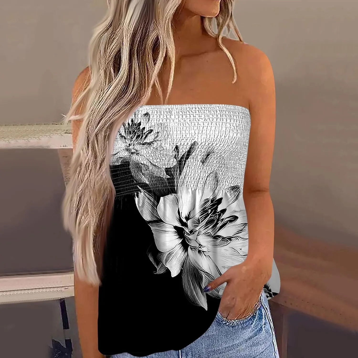 Tube Tops for Women Floral Print Strapless Tube Tops Smocked Ruffled Sleeveless Bandeau Lightweight Cute Tanks