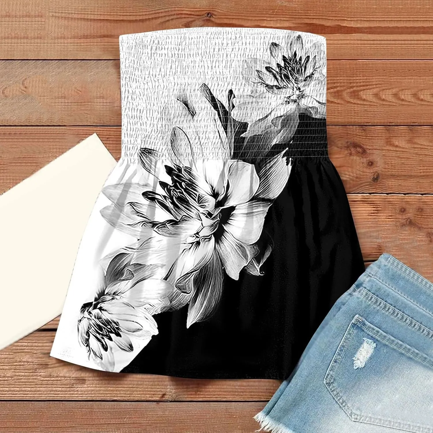 Tube Tops for Women Floral Print Strapless Tube Tops Smocked Ruffled Sleeveless Bandeau Lightweight Cute Tanks