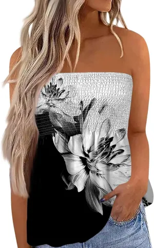 Tube Tops for Women Floral Print Strapless Tube Tops Smocked Ruffled Sleeveless Bandeau Lightweight Cute Tanks