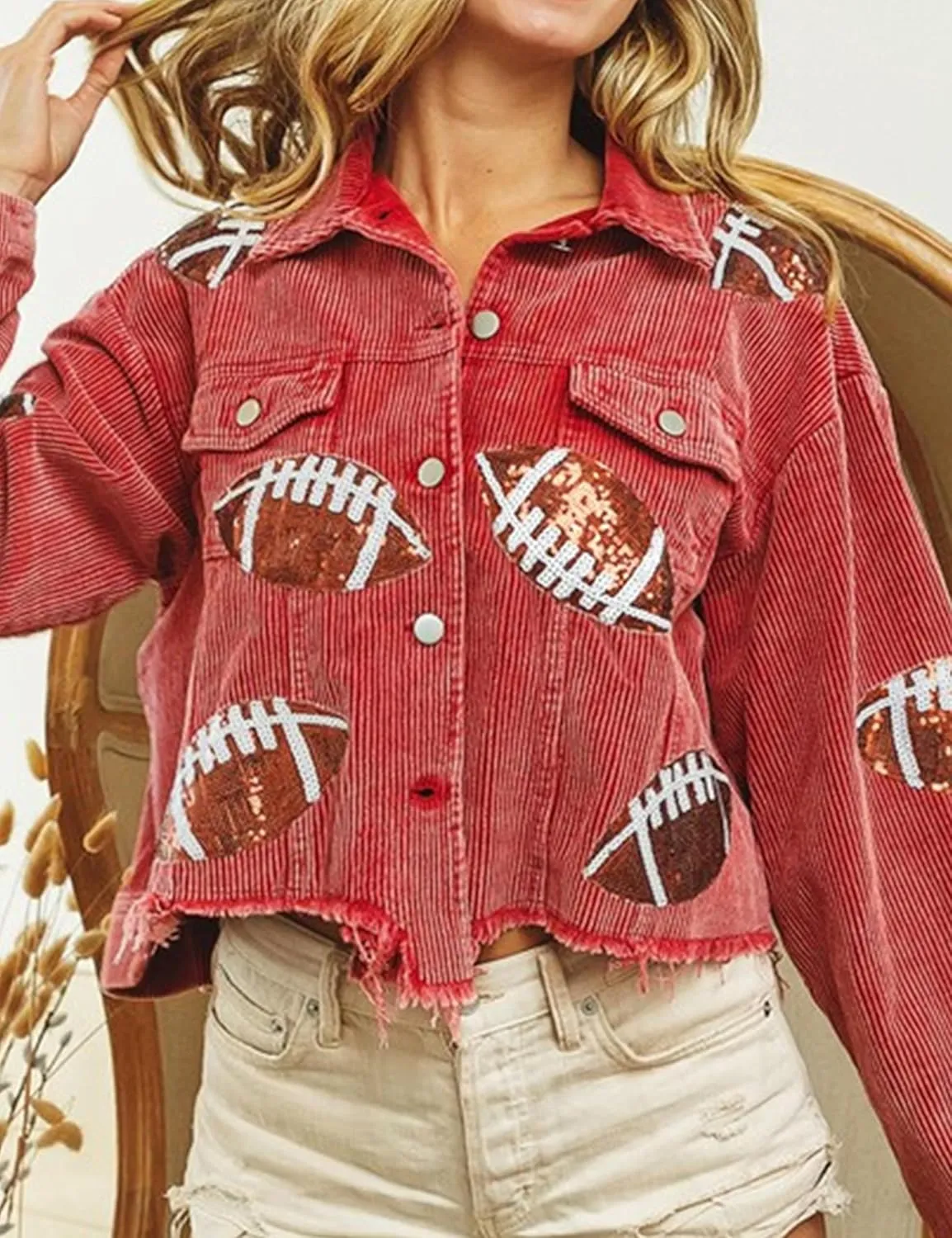 VAOYIU Women's Cropped Corduroy Jacket Rugby Sequin Washed Distressed Button Raw Hem Jacket Coat