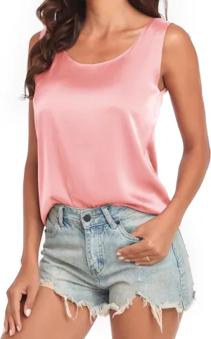 Wantschun Womens Silk Satin Tank Tops Summer Tank Shirt Round Neck Sleeveless Blouse Camisole