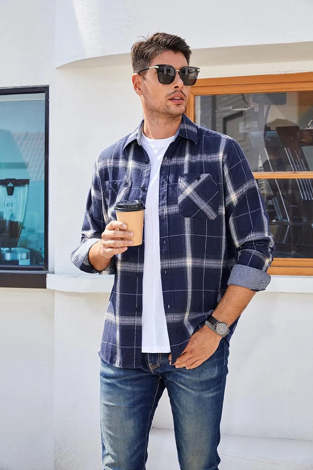 WARHORSEE Flannel Shirt for Men Long Sleeve Regular Fit Button Down Casual Plaid Shirt