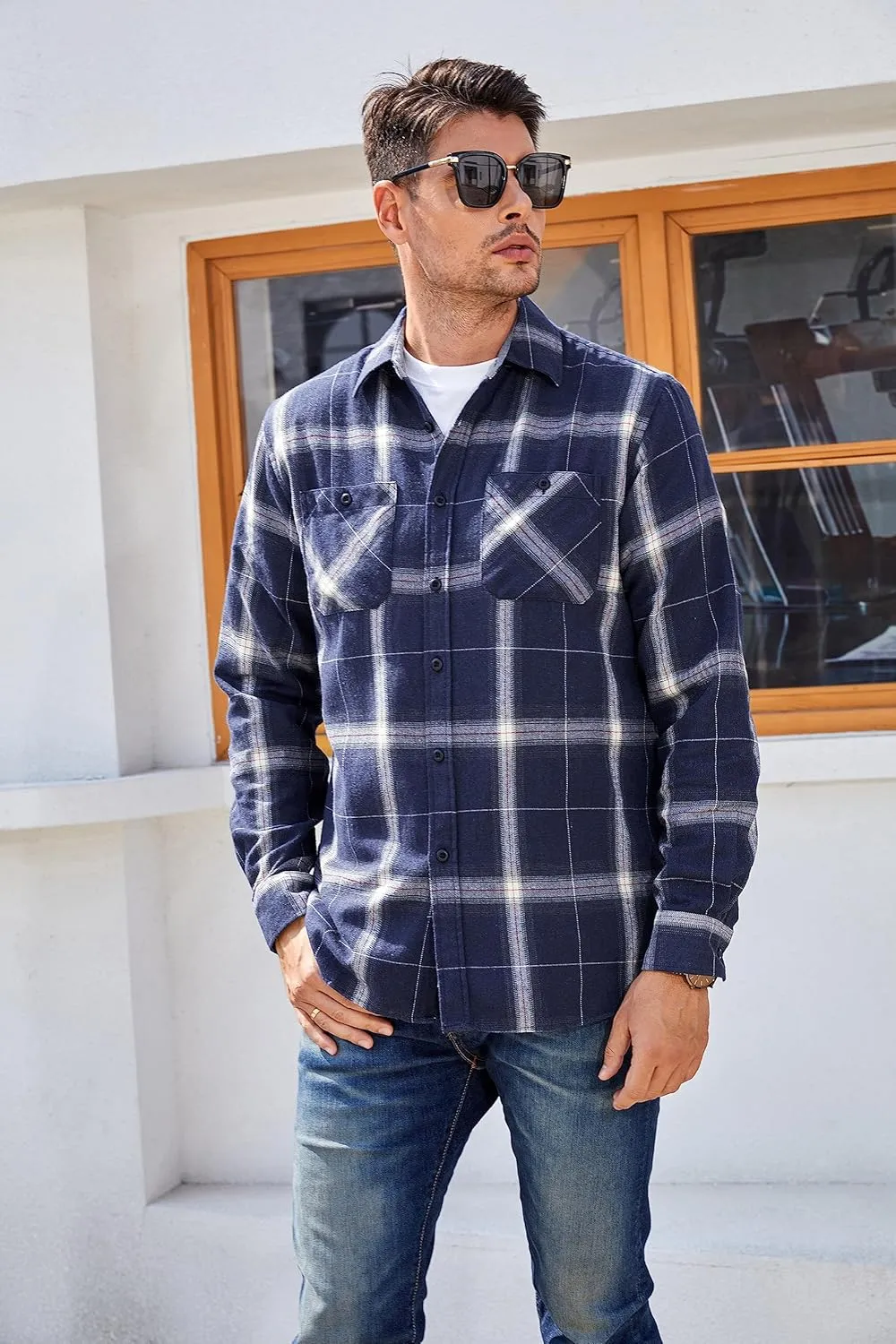 WARHORSEE Flannel Shirt for Men Long Sleeve Regular Fit Button Down Casual Plaid Shirt