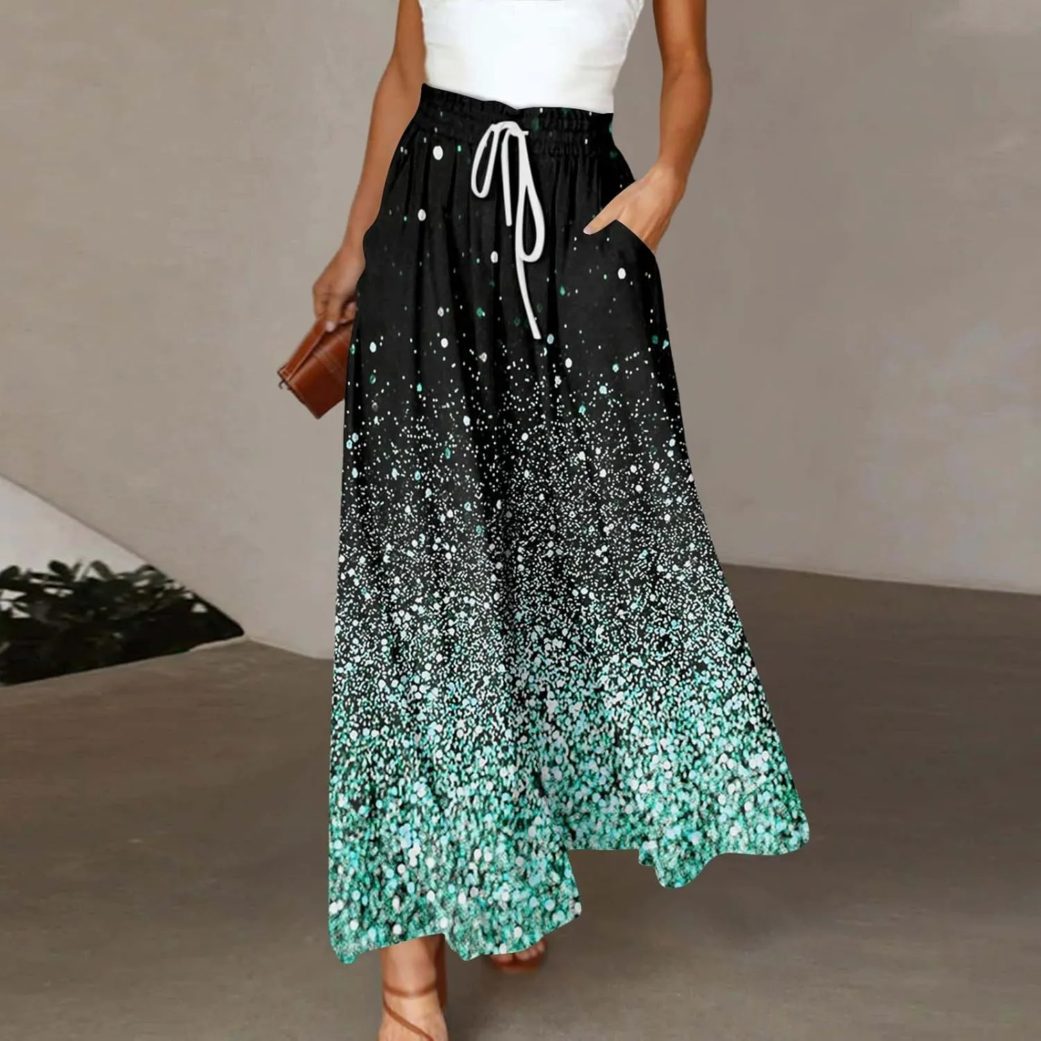 Wide Leg Pants Woman Summer 2025 Flowy High Waisted Trousers Baggy Drawstring Beach Pant with Pockets