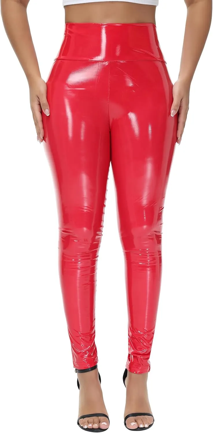 Women Mirror Faux Patent Leather Leggings Wet Look Reflective Shiny Stretch Tighten Pants High Waist Slim
