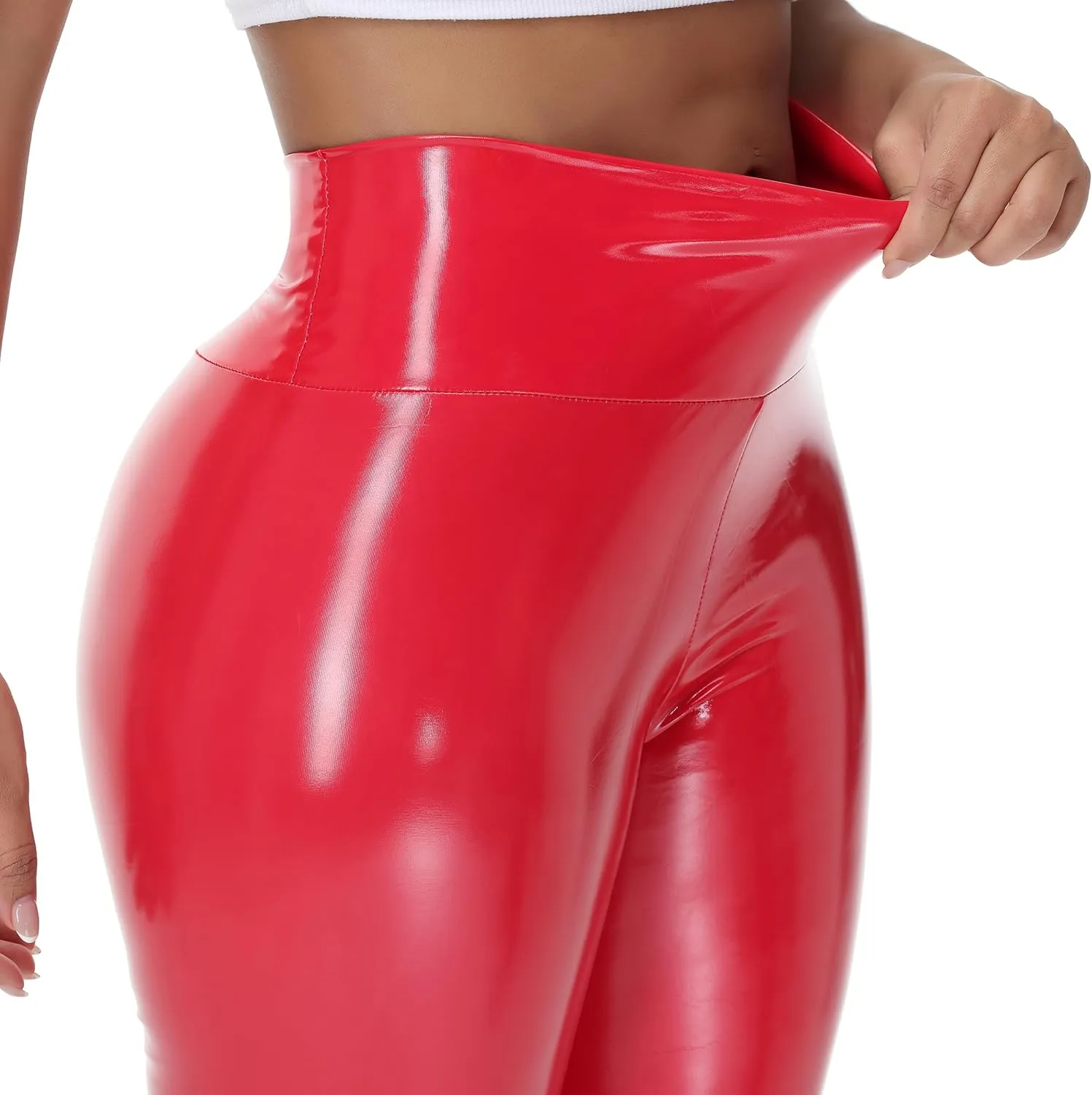 Women Mirror Faux Patent Leather Leggings Wet Look Reflective Shiny Stretch Tighten Pants High Waist Slim