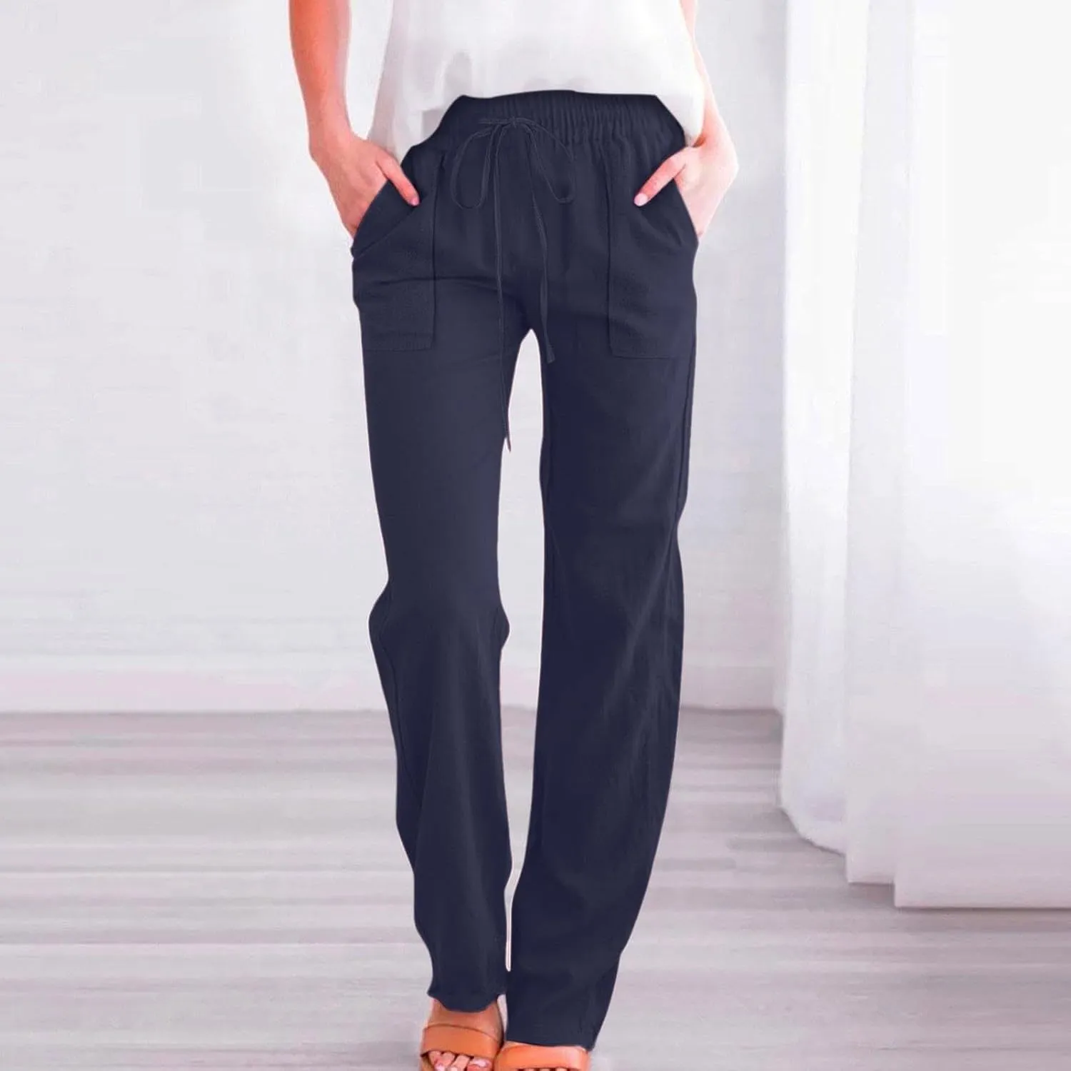 Womens Linen Pants Summer Wide Leg Pants Drawstring Elastic Waist Pants High Waisted Pants Casual Womens Palazzo
