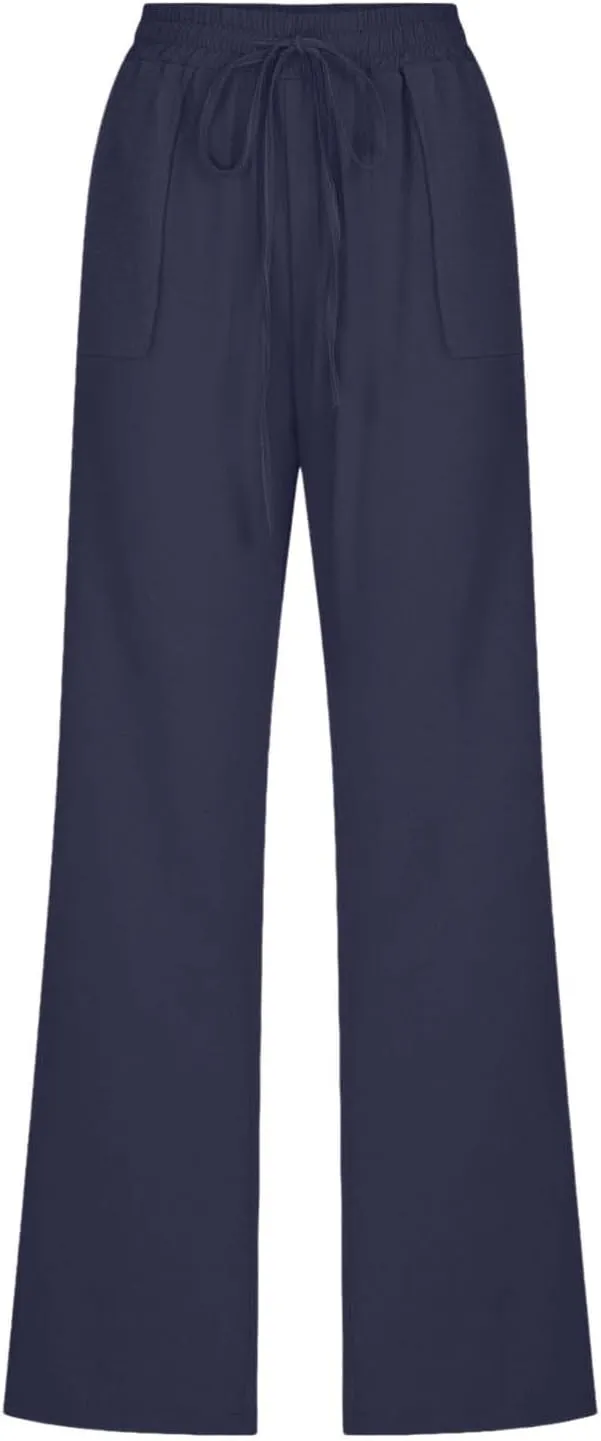 Womens Linen Pants Summer Wide Leg Pants Drawstring Elastic Waist Pants High Waisted Pants Casual Womens Palazzo