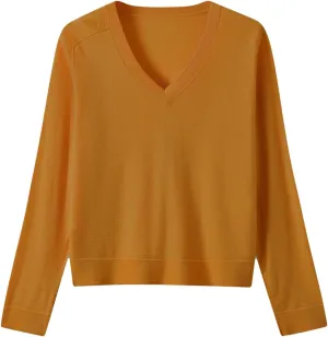 Women's Merino Wool Sweater Casual Lightweight V-Neck Raglan Sleeve Top Pullover