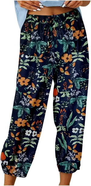 Womens Tapered Pants High Waisted Floral Print Cinch Bottom Casual Pants Pull On Elastic Waist Trousers with Pockets