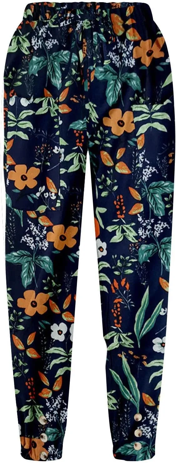 Womens Tapered Pants High Waisted Floral Print Cinch Bottom Casual Pants Pull On Elastic Waist Trousers with Pockets