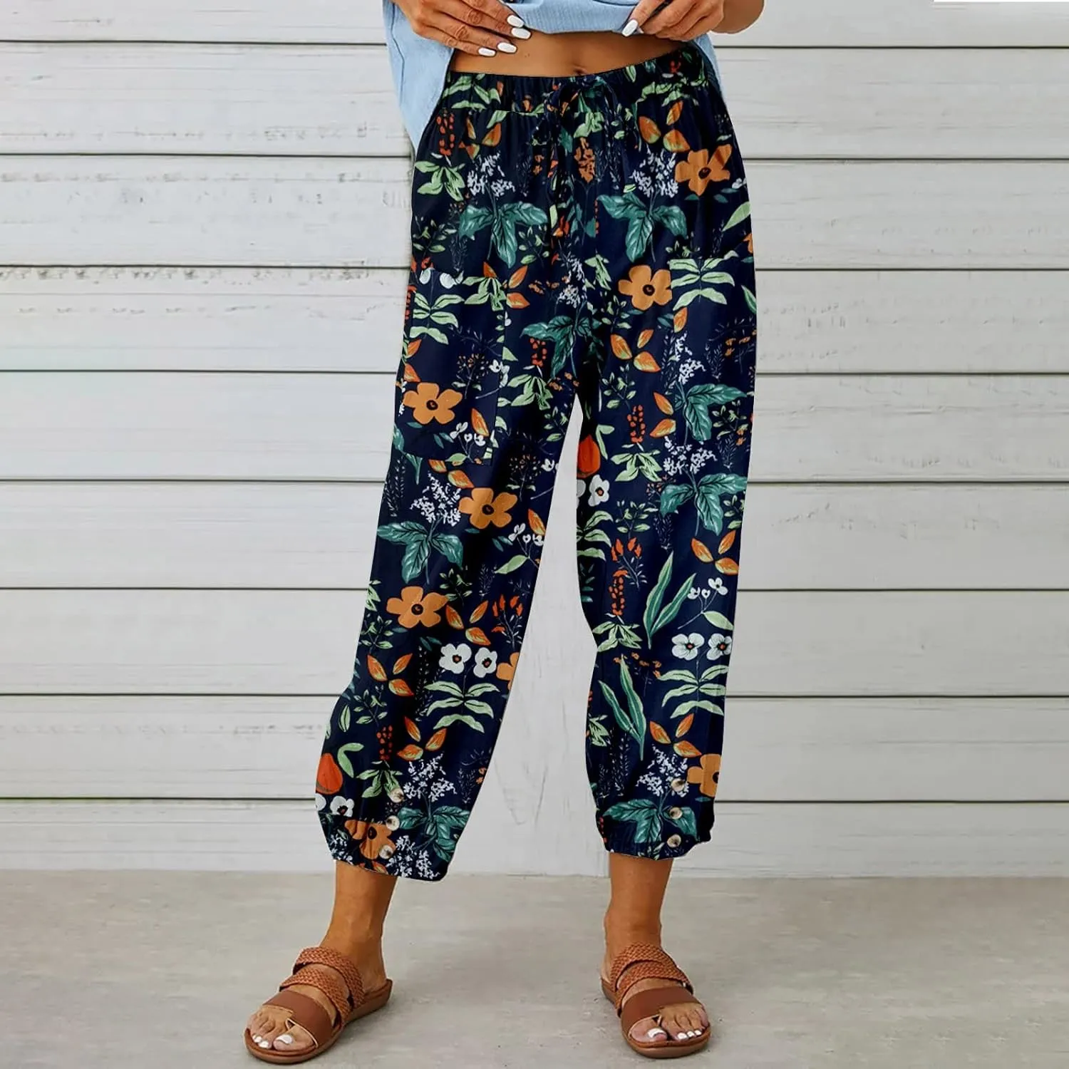 Womens Tapered Pants High Waisted Floral Print Cinch Bottom Casual Pants Pull On Elastic Waist Trousers with Pockets