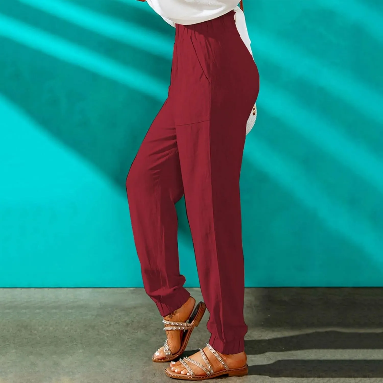 Womens Tapered Pants Summer Stretchy Ruffle High Waisted Pant Business Casual Solid Harem Pants Trousers with Pockets