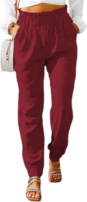 Womens Tapered Pants Summer Stretchy Ruffle High Waisted Pant Business Casual Solid Harem Pants Trousers with Pockets