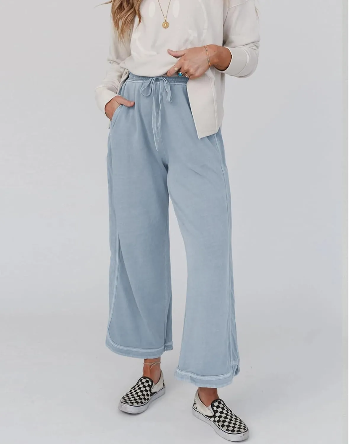 Womens Wide Leg Pants Casual High Waisted Palazzo Pants Lightweight Summer Flowy Beach Pants with Pockets