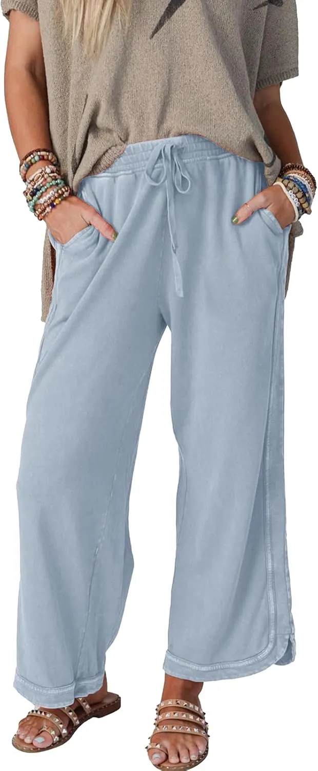 Womens Wide Leg Pants Casual High Waisted Palazzo Pants Lightweight Summer Flowy Beach Pants with Pockets