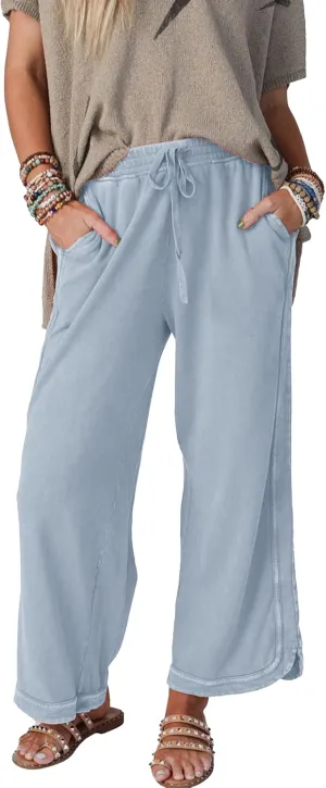 Womens Wide Leg Pants Casual High Waisted Palazzo Pants Lightweight Summer Flowy Beach Pants with Pockets